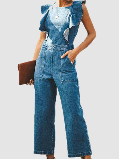 Hazel Blues® |  Ruffled Sleeveless Denim Jumpsuit
