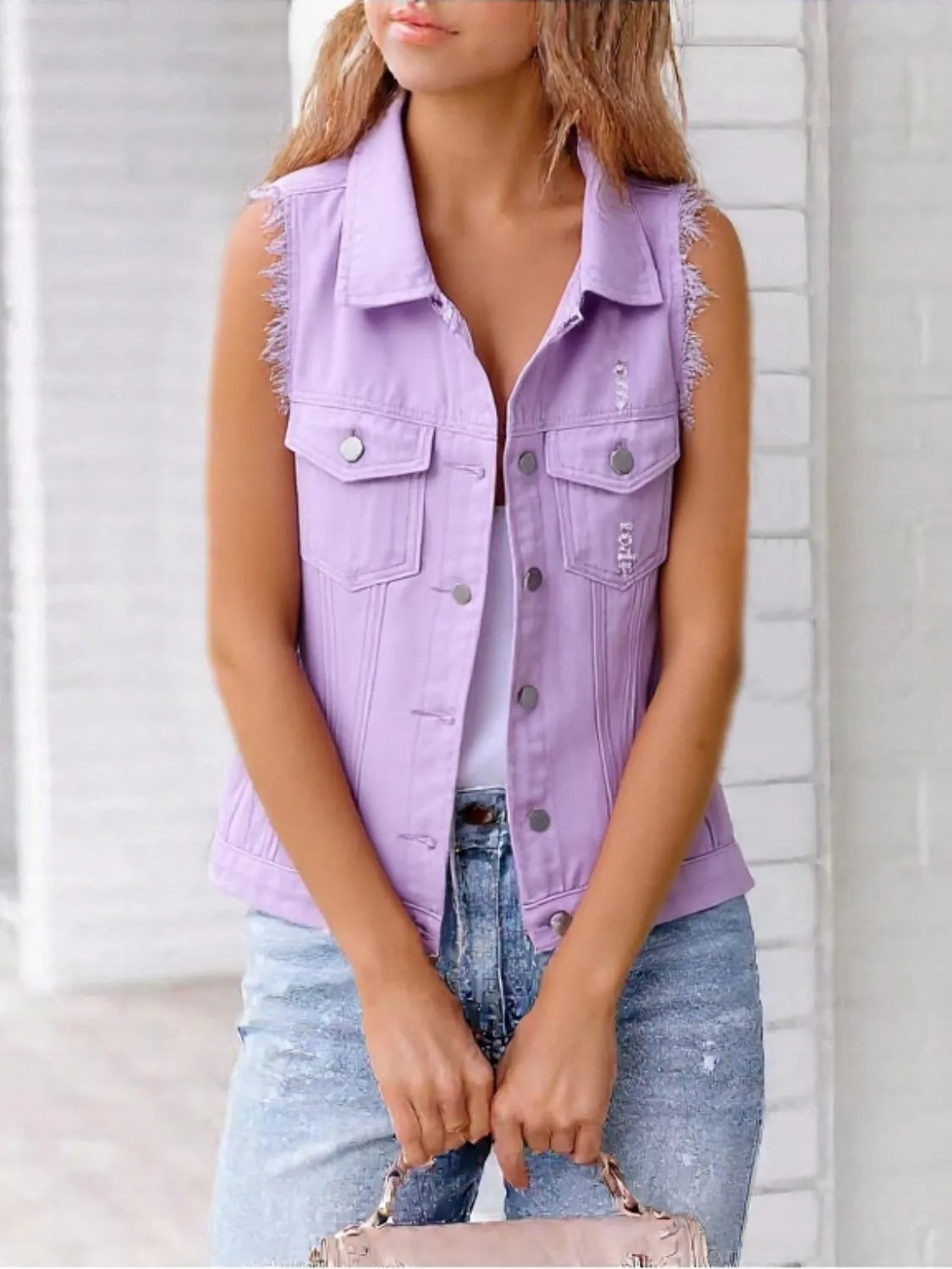 Hazel Blues® | Sleeveless Frayed Denim Vest Jacket
