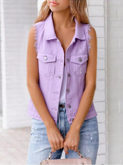 Hazel Blues® | Sleeveless Frayed Denim Vest Jacket