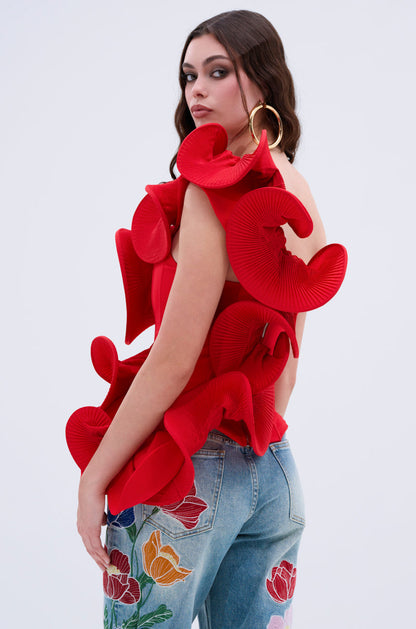 ABSTRACT RUFFLE OFF THE SHOULDER BLOUSE