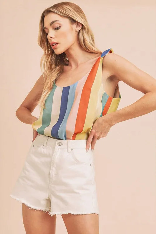 Hazel Blues® |  Aemi + Co Contrast Striped Scoop Neck Tie Shoulder Tank