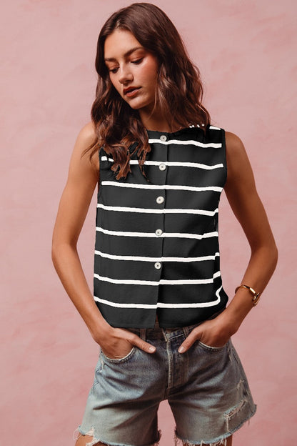 Hazel Blues® |  SO ME Button Front Stripe Fine Sweater Sleeveless Top