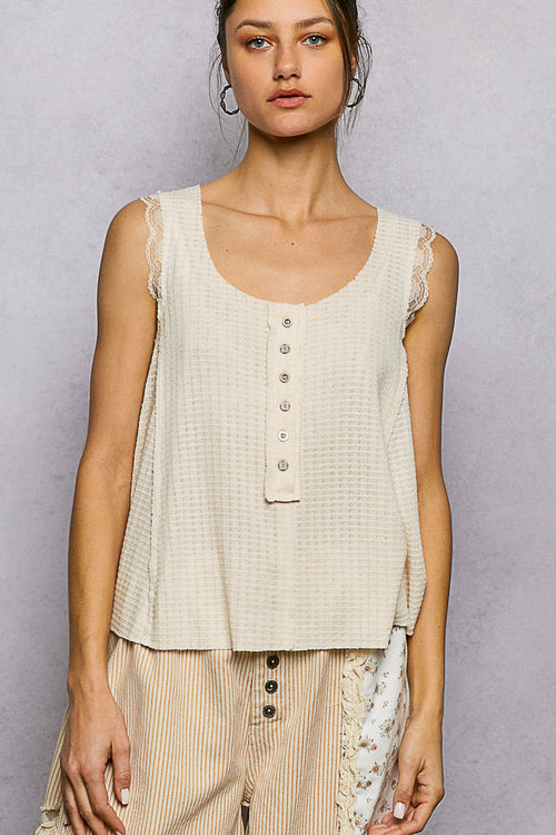 Hazel Blues® |  POL Textured Knit Round Neck Tank with Lace Detail