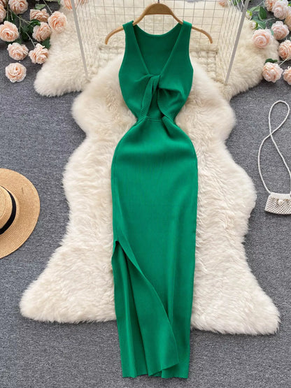 Hazel Blues® |  Knot Back Sleeveless Knit Bodycon Midi Dres
