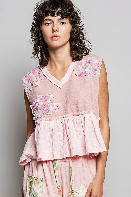 Hazel Blues® |  POL Floral Patch Ruffled Sleeveless Top with Raw Edge Detail