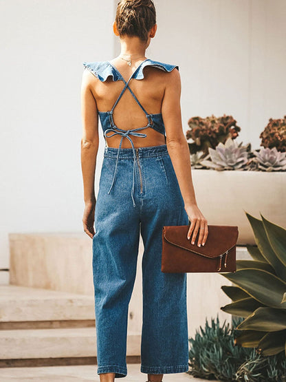 Hazel Blues® |  Ruffled Sleeveless Denim Jumpsuit