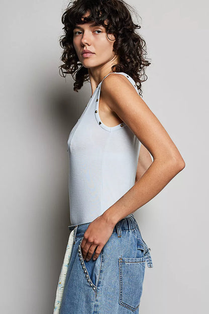 Hazel Blues® |  POL Studded Trim Button-Front Ruffle Detail Tank