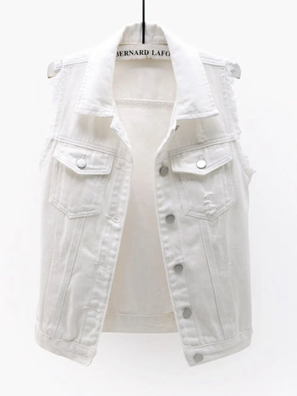 Hazel Blues® | Button Down Raw Hem Sleeveless Denim Jacket