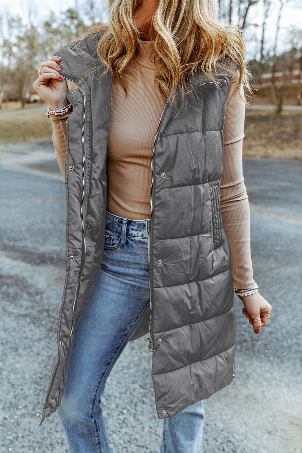 Hazel Blues® |  Longline Hooded Sleeveless Puffer Vest