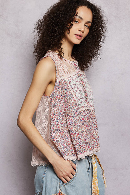 Hazel Blues® |  POL Printed Woven Lace Back Round Neck Sleeveless Top