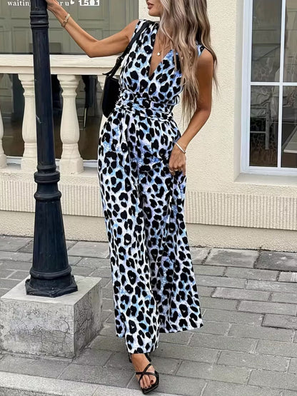 Hazel Blues® |  Sleeveless V-Neck Leopard Print Wide Leg Jumpsuit