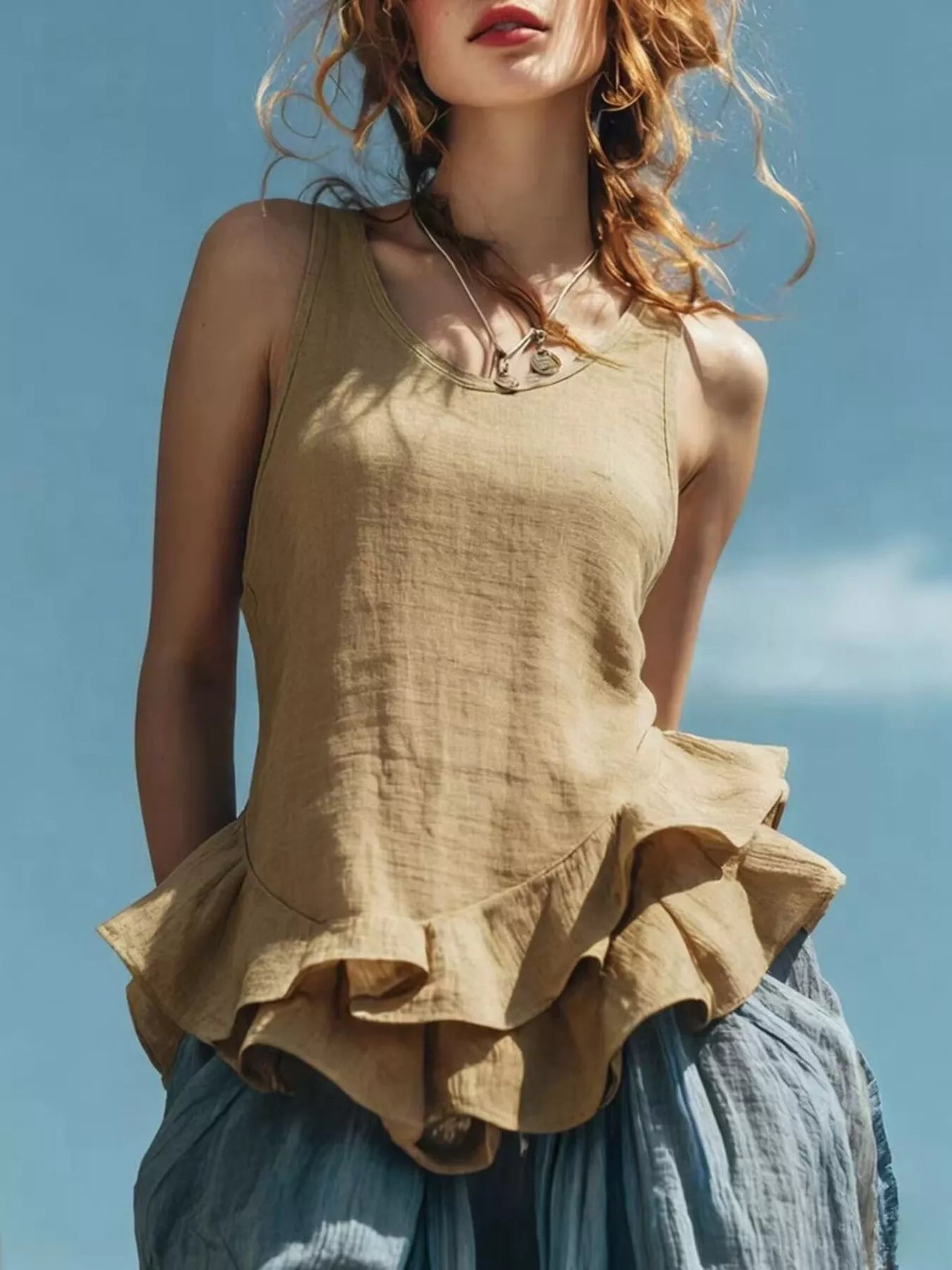 Hazel Blues® |  Ruffled Hem Round Neck Tank