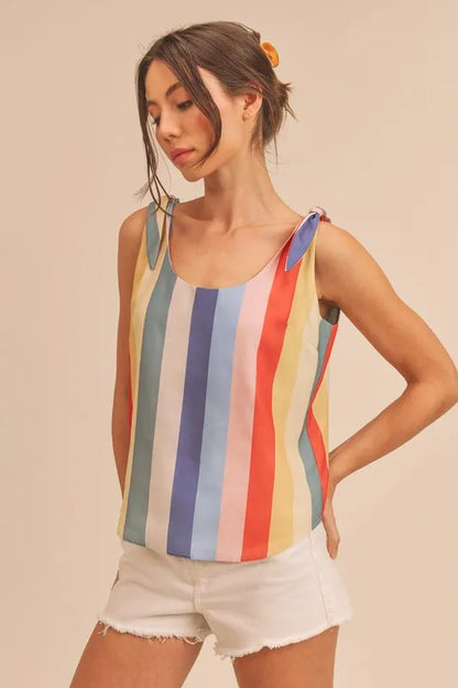 Hazel Blues® |  Aemi + Co Contrast Striped Scoop Neck Tie Shoulder Tank