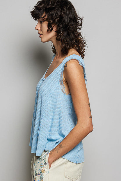 Hazel Blues® |  POL Textured Knit Round Neck Tank with Lace Detail