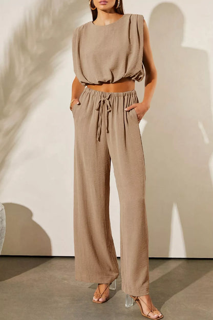Hazel Blues® |  Solid Color Keyhole Puffy Tank Drawstring Loose Pants 2pcs Outfit