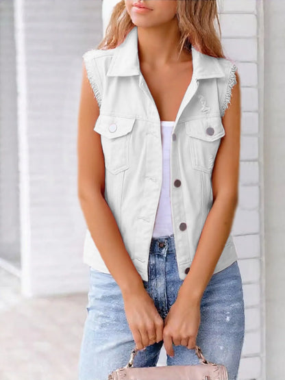 Hazel Blues® | Sleeveless Frayed Denim Vest Jacket