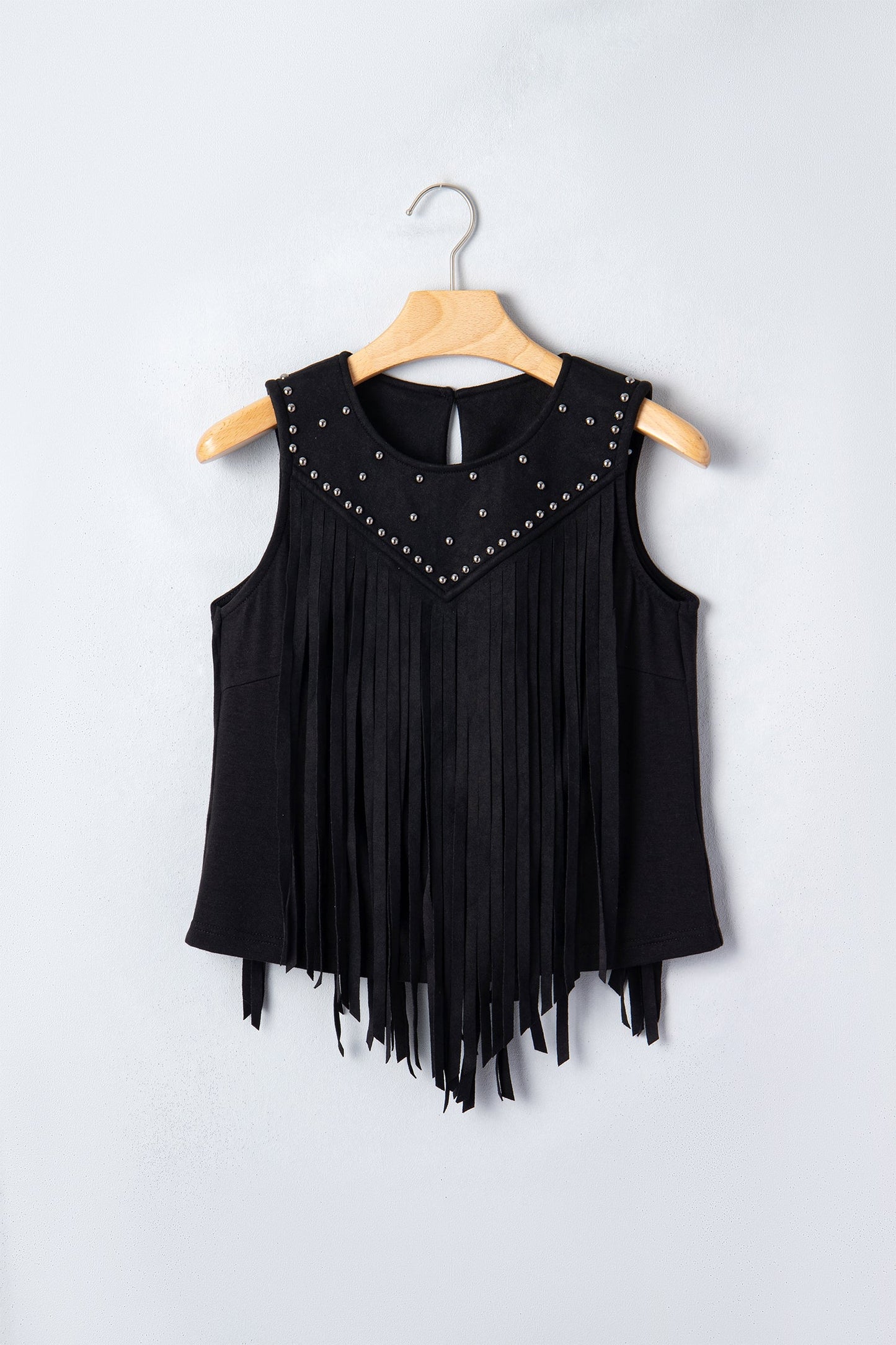 Hazel Blues® |  Black Western Fringe Rivet Paneling Bust Sleeveless Top
