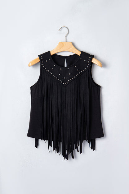 Hazel Blues® |  Black Western Fringe Rivet Paneling Bust Sleeveless Top