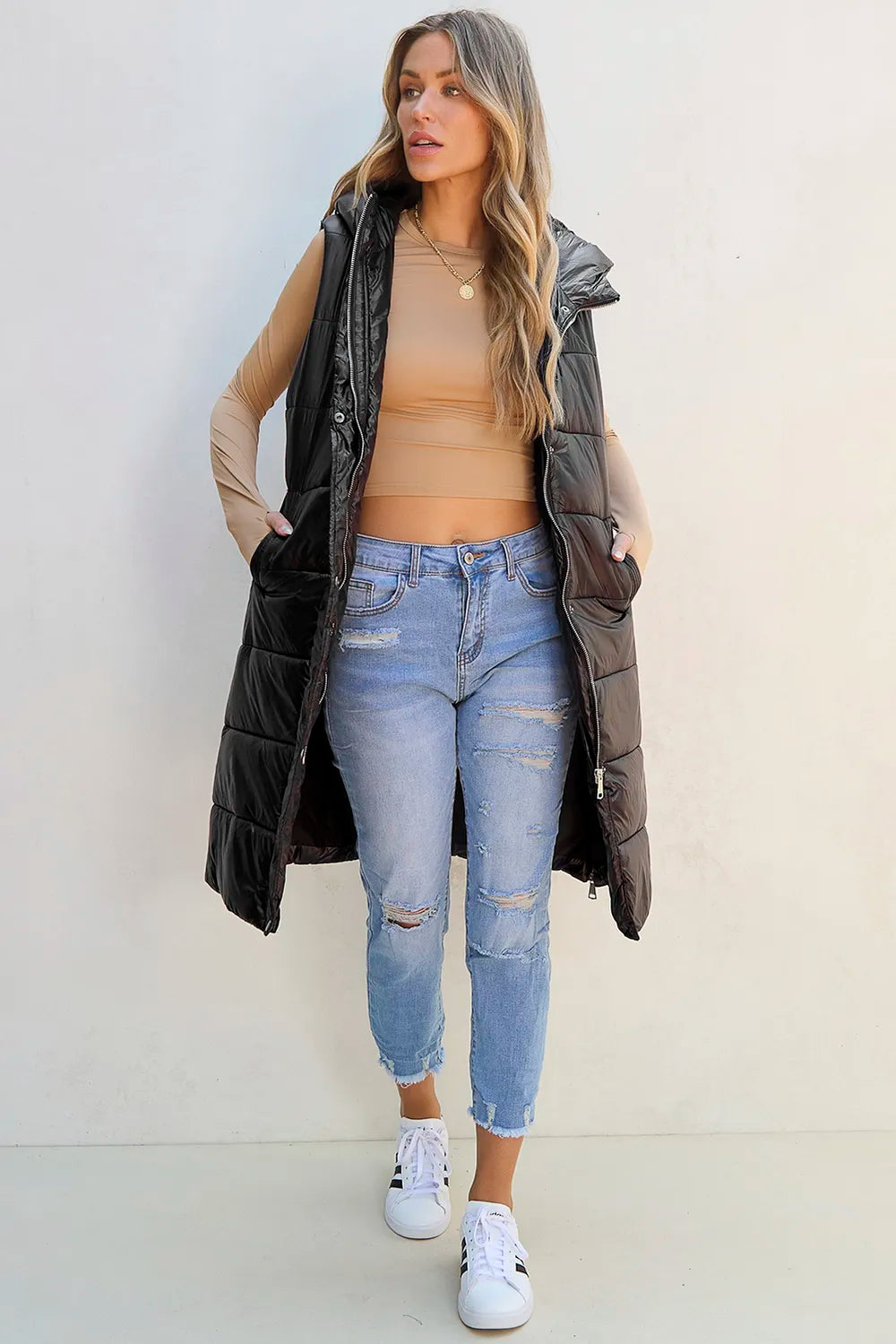 Hazel Blues® |  Longline Hooded Sleeveless Puffer Vest