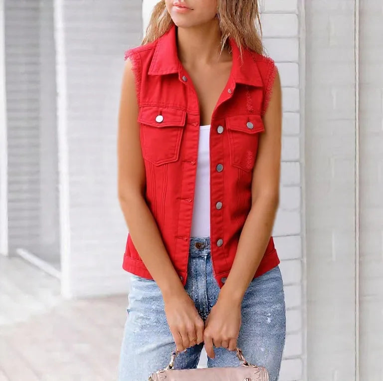 Hazel Blues® | Sleeveless Frayed Denim Vest Jacket