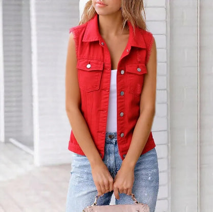 Hazel Blues® | Sleeveless Frayed Denim Vest Jacket