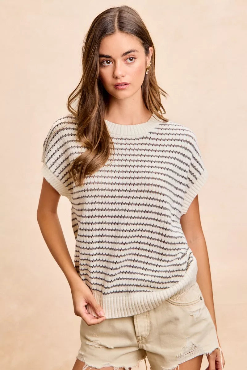 Hazel Blues® |  BiBi Pointelle Stripes Sleeveless Drop Shoulder Lightweight Sweater Top
