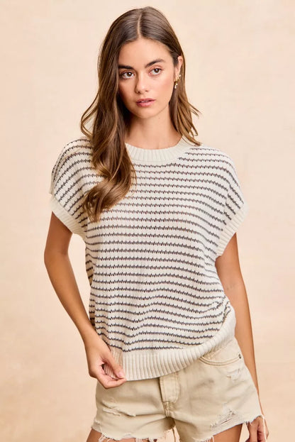 Hazel Blues® |  BiBi Pointelle Stripes Sleeveless Drop Shoulder Lightweight Sweater Top