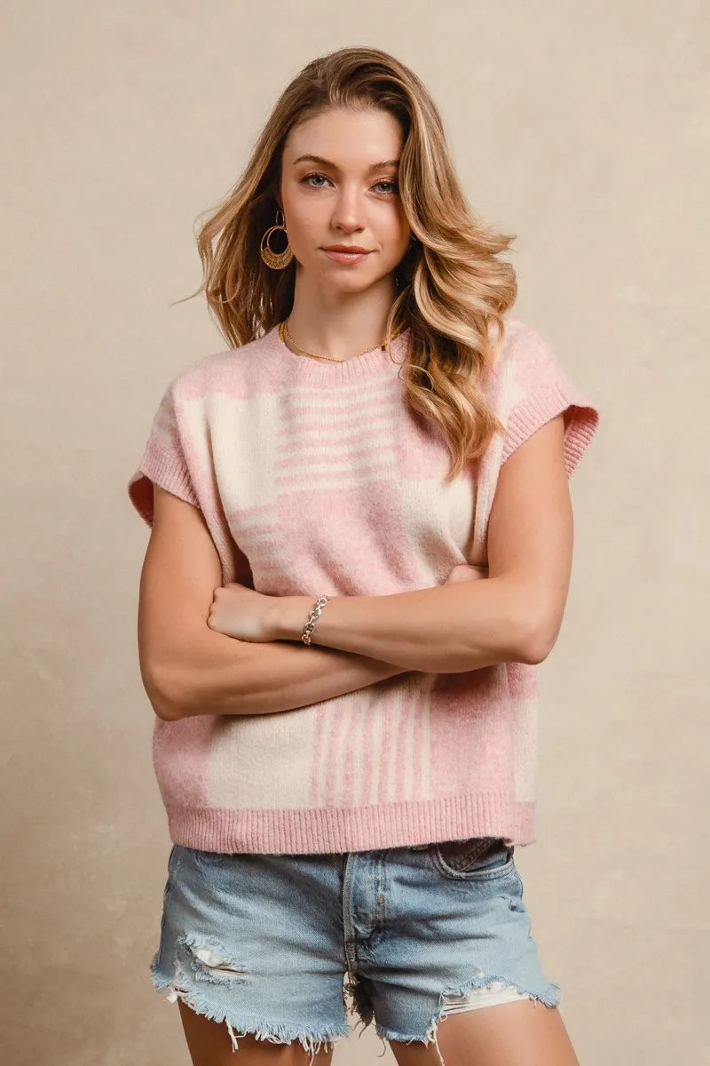 Hazel Blues® |  BiBi Checker With Stripes Pattern Sleeveless Sweater