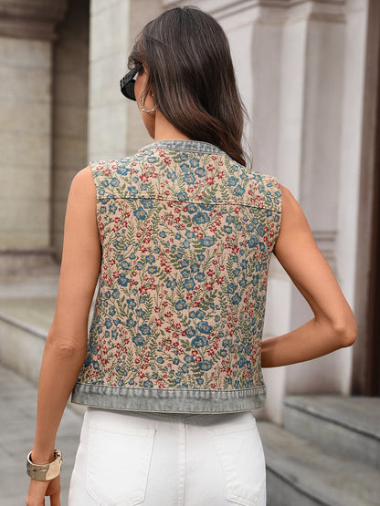 Hazel Blues® |  Floral Embroidered Sleeveless Denim Top