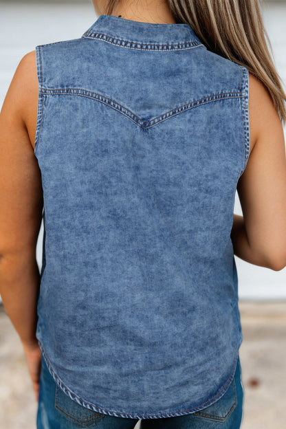 Hazel Blues® |  Denim Darling Denim Vest | Button Front Denim Vest