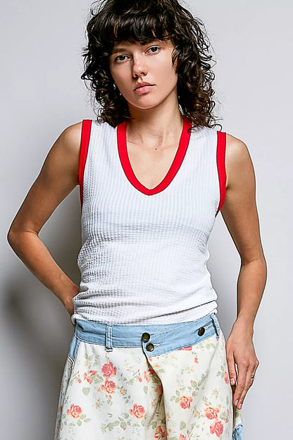 Hazel Blues® |  POL V-Neck Contrast Ribbed Sleeveless Tank