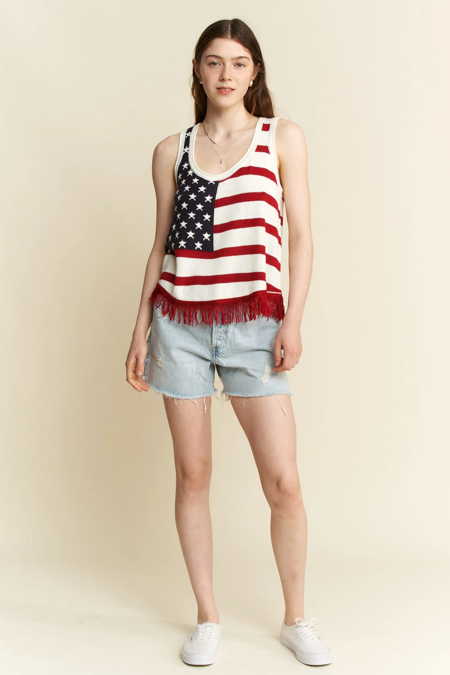 Hazel Blues® |  Jade By Jane American Flag Fringe Tank Top