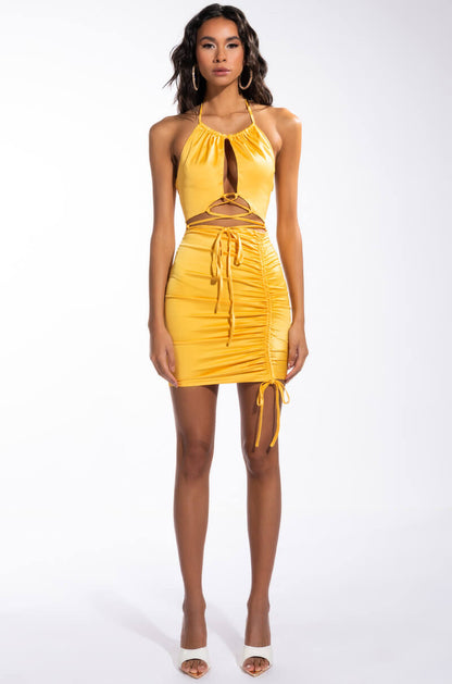 50 SHADES OF SLAY LACE UP SATIN RUCHED MINI DRESS