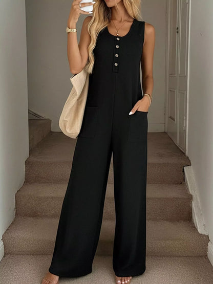 Hazel Blues® |  Sleeveless Button-Front Wide Leg Jumpsuit