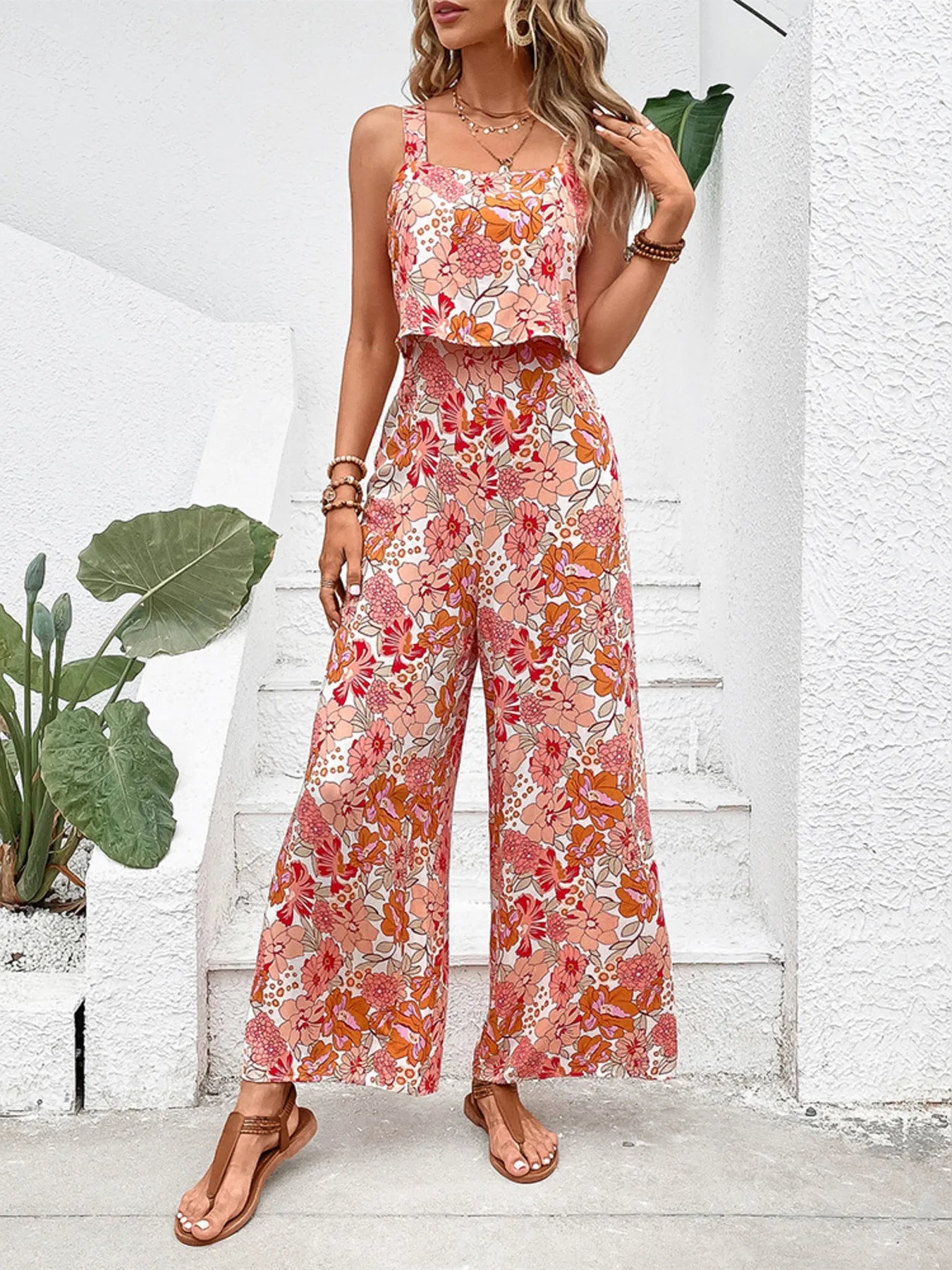 Hazel Blues® |  Floral Print Sleeveless Wide Leg Jumpsuit