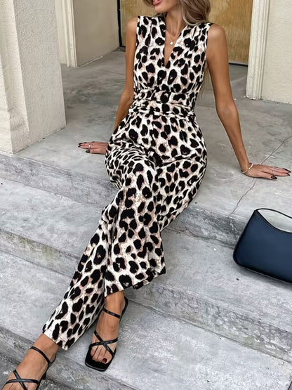 Hazel Blues® |  Sleeveless V-Neck Leopard Print Wide Leg Jumpsuit
