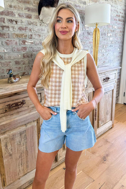 Hazel Blues® |  Khaki Gingham Plaid Knit Detachable Shawl Wrap Sweater Tank Top