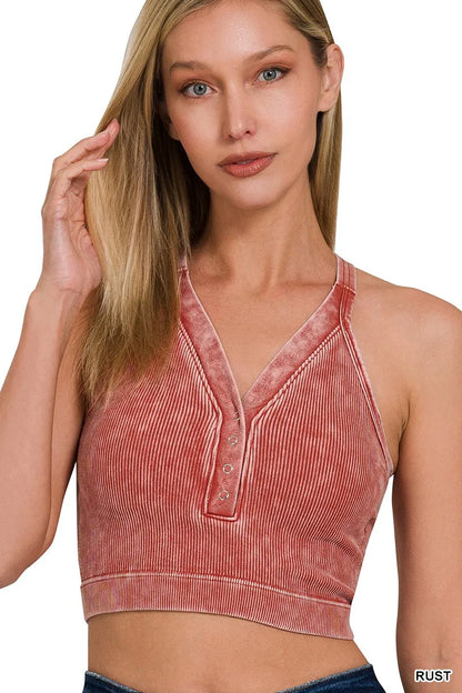 Hazel Blues® |  Zenana Washed Ribbed Seamless Button V-neck Tank Top