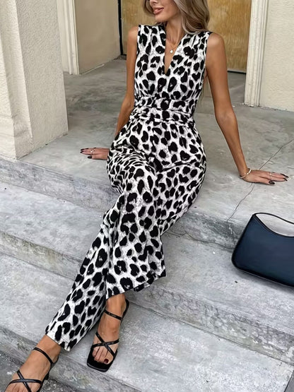 Hazel Blues® |  Sleeveless V-Neck Leopard Print Wide Leg Jumpsuit
