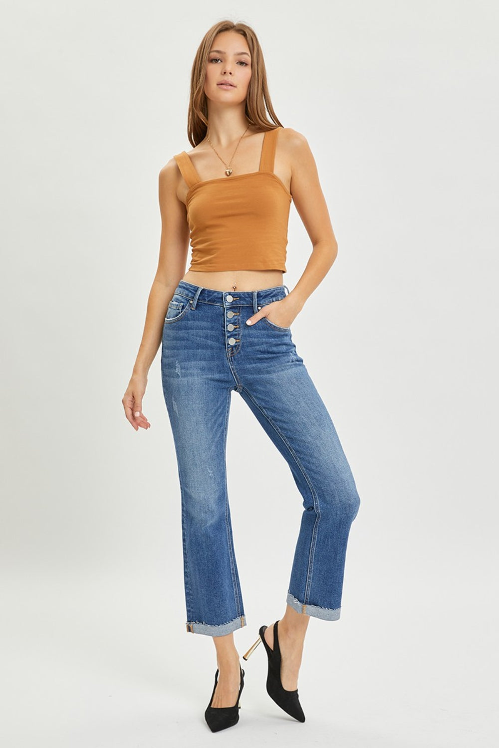 Hazel Blues® |  RISEN Button Fly Cropped Bootcut Jeans