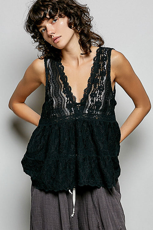 Hazel Blues® |  POL Deep V-Neck Scalloped Lace Sleeveless Top