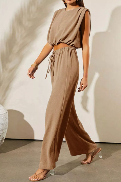 Hazel Blues® |  Solid Color Keyhole Puffy Tank Drawstring Loose Pants 2pcs Outfit