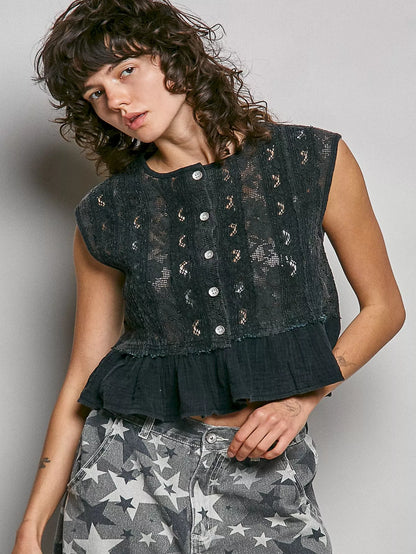 Hazel Blues® |  POL Round Neck Lace Sleeveless Top with Double Gauze Ruffle