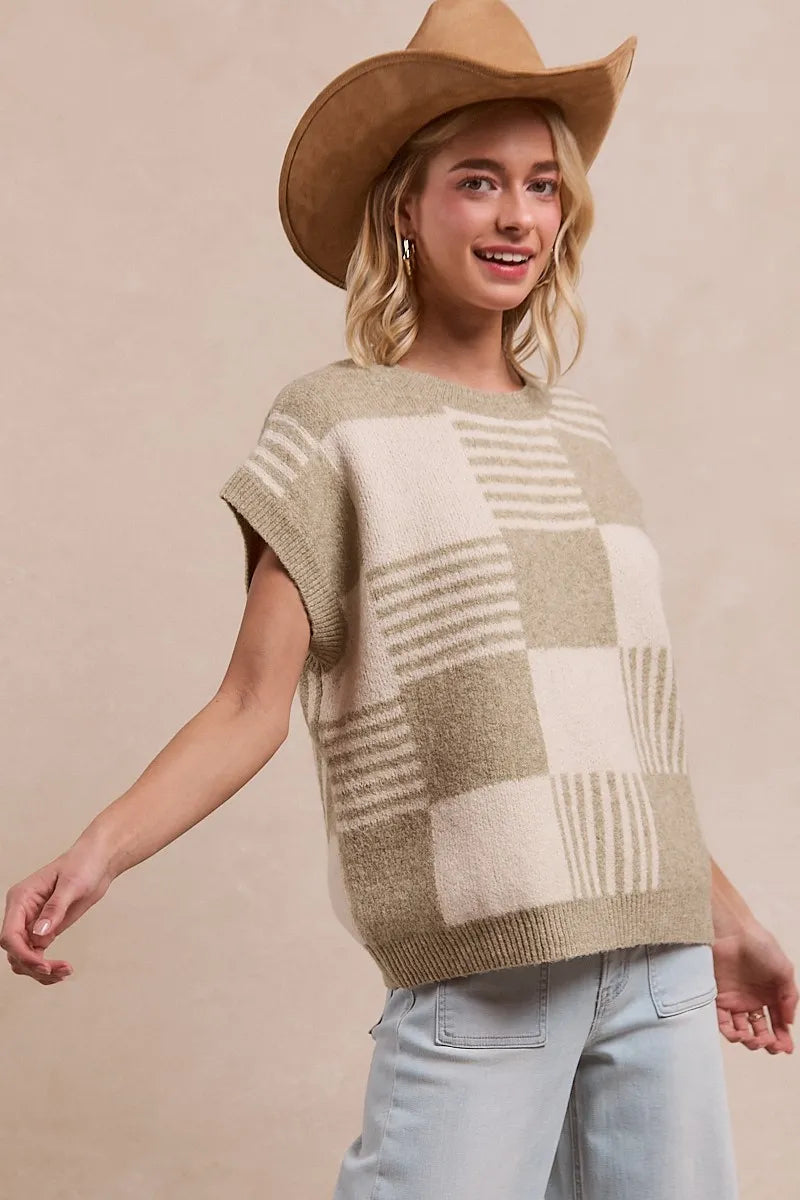 Hazel Blues® |  BiBi Checker With Stripes Pattern Sleeveless Sweater