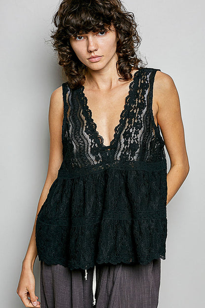 Hazel Blues® |  POL Deep V-Neck Scalloped Lace Sleeveless Top