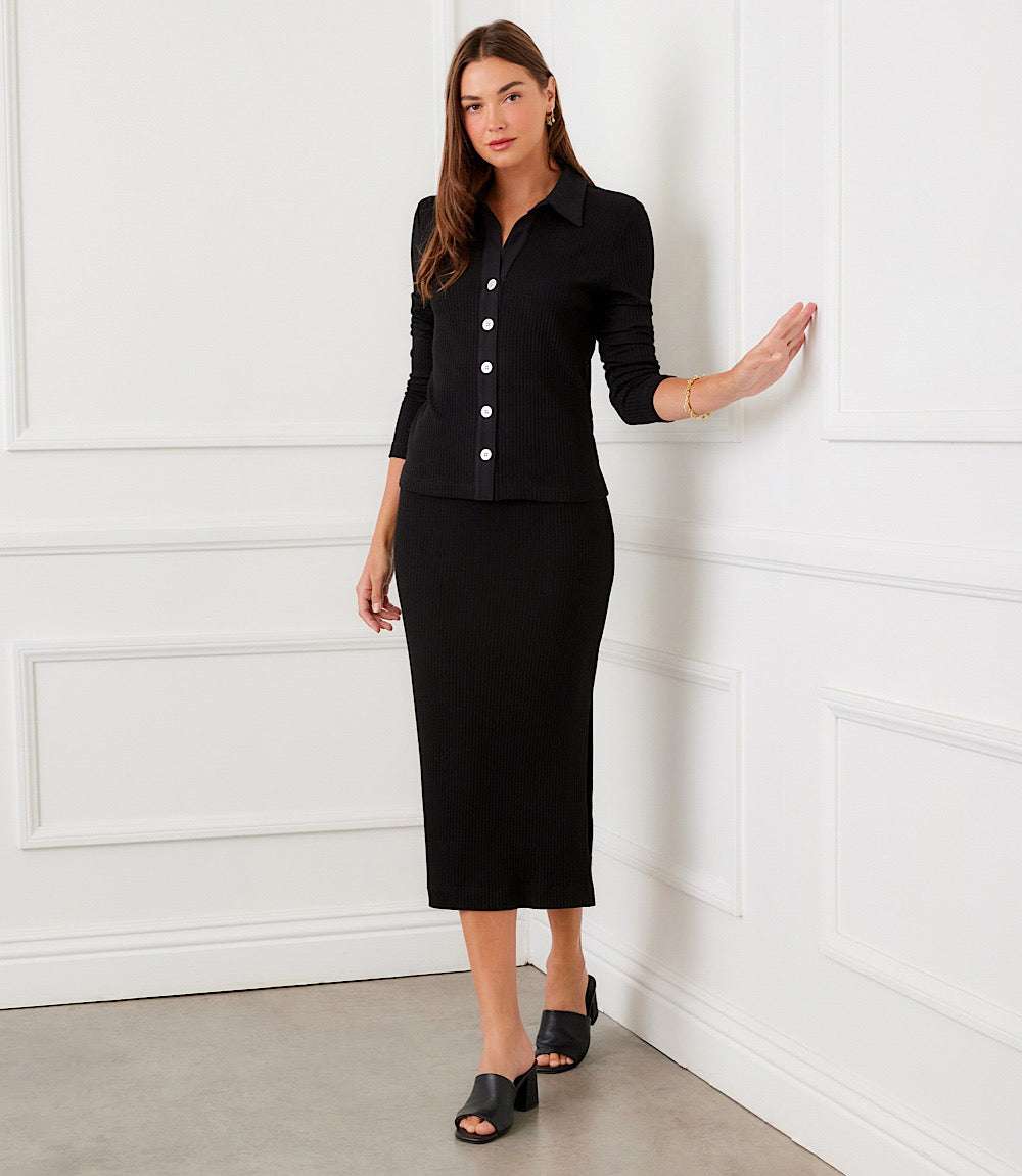 Ribbed Long Sleeve Button Front Top