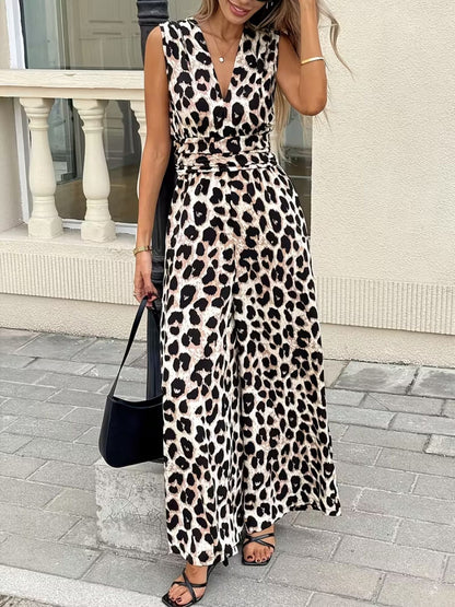 Hazel Blues® |  Sleeveless V-Neck Leopard Print Wide Leg Jumpsuit