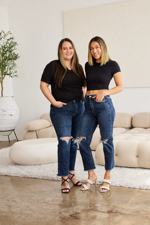 Hazel Blues® |  RFM Crop Dylan Tummy Control Distressed High Waist Raw Hem Jeans