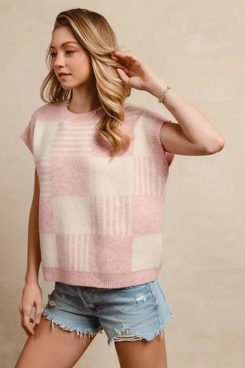 Hazel Blues® |  BiBi Checker With Stripes Pattern Sleeveless Sweater