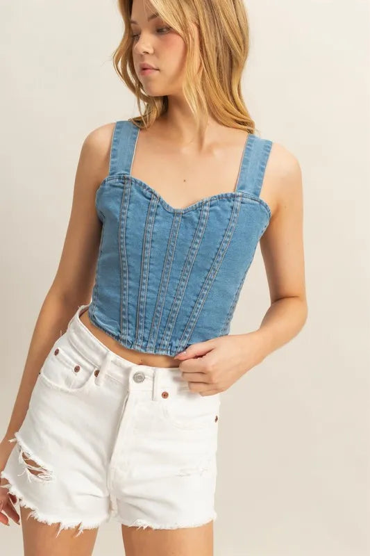 Hazel Blues® |  HYFVE Washed Sweetheart Neck Wide Strap Denim Tank